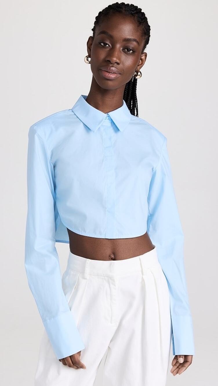 STAUD Seneca French Blue Boxy Cropped Long Sleeve Button Up Collared Top Small